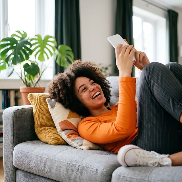 릴스 제작 전 필수 체크리스트: 성공적인 릴스를 위한 첫걸음 - woman, laughing, phone, nature, smartphone, sofa, relaxing, home, happy, casual, smiling,
