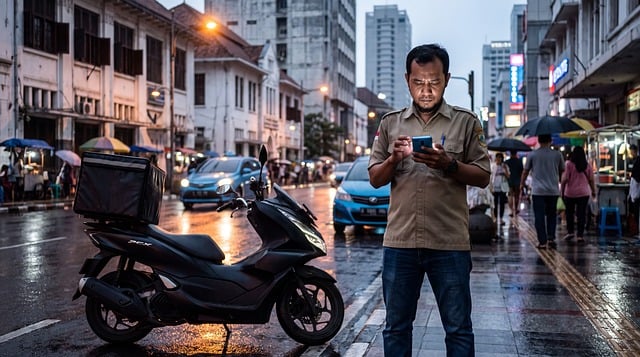 상황별 인스타그램 광고 예시 - rainy street, person with phone, city street, street lights, evening scene, asian street, motorcycle, deliv
