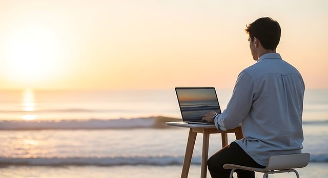 단계별 인스타그램 광고 실행 방법 - man, working, beach, sunset, ocean, waves, desk, computer, remote, tropical, freelance, digital nomad, o