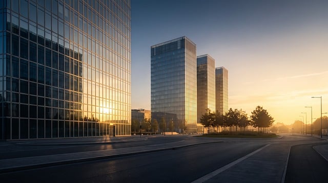 상황별 예시: 블로그와 인스타 연동 실전 적용 - skyscraper, office building, modern architecture, glass facade, cityscape, sunset, reflection, em
