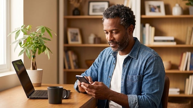 흔한 실수와 피하는 법 - man, smartphone, home office, laptop, mug, nature, working, technology, casual, denim, dark-haired, lifestyle,