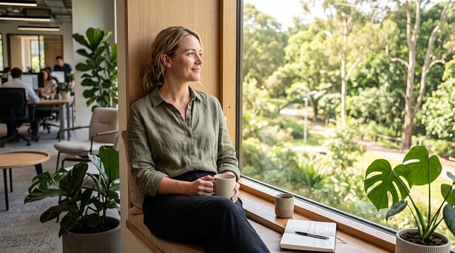 상황별 인스타 공구 성공 예시 - woman, window, office, coffee, daylight, relaxation, smile, plant, nature, mindfulness, work, glass area, 