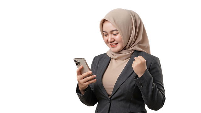 상황별 인스타 알고리즘 활용 예시 - young woman, hijab, smile, mobile phone, suit, gesture, business, modern, communication, emotional expre